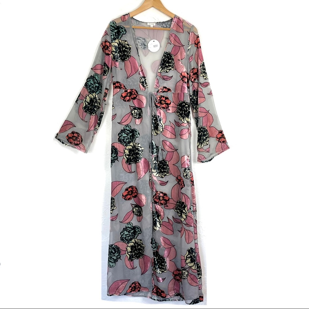 NWOT EN CREME Velvet Burnout Silver Floral Maxi Kimono Style Duster